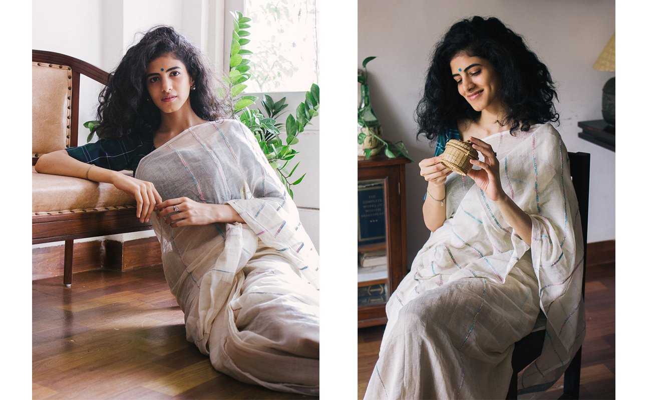 white hand loom saree Suta